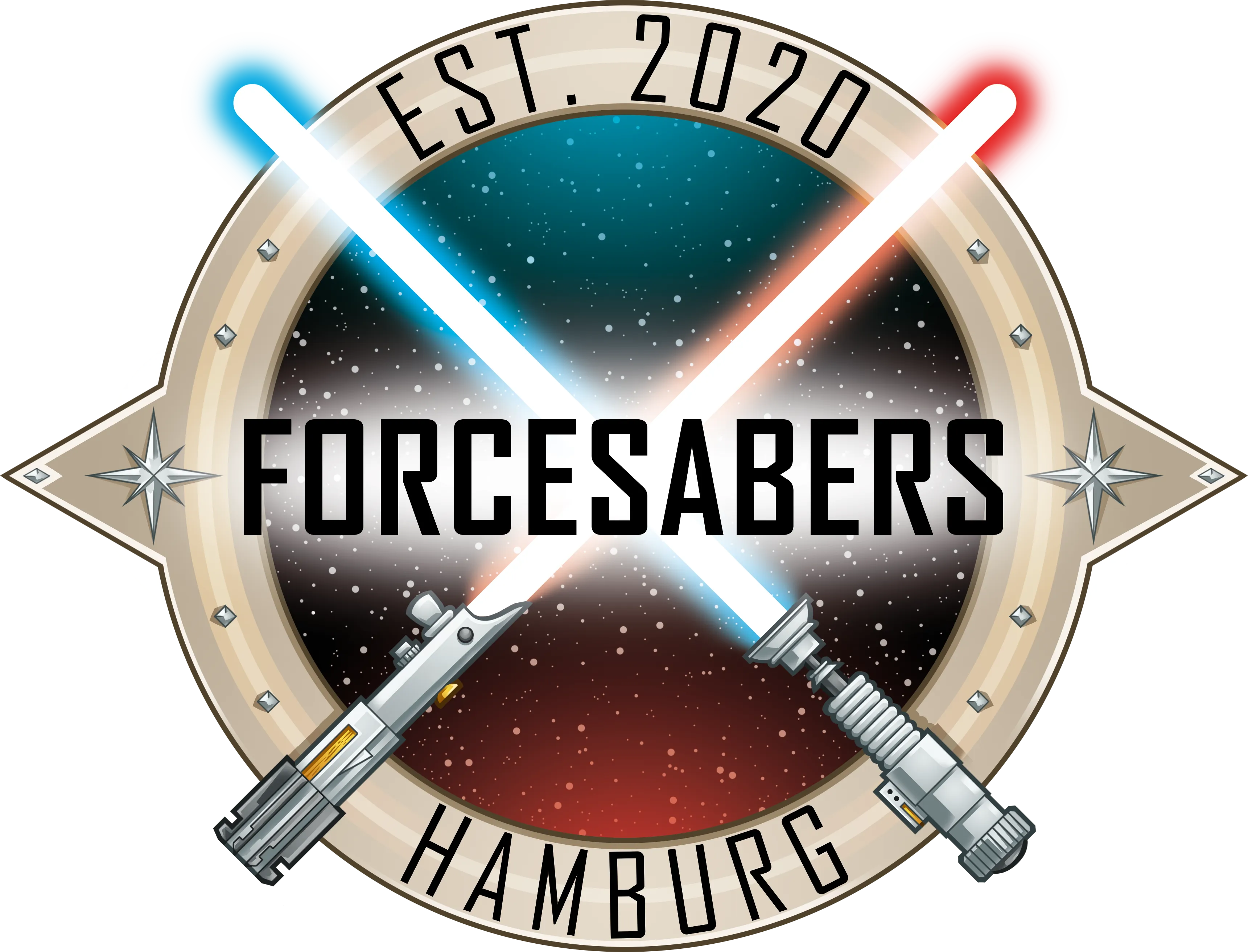 Das Logo der Forcesabers. Ein blaues und ein rotes Lichtschwert kreuzen sich.